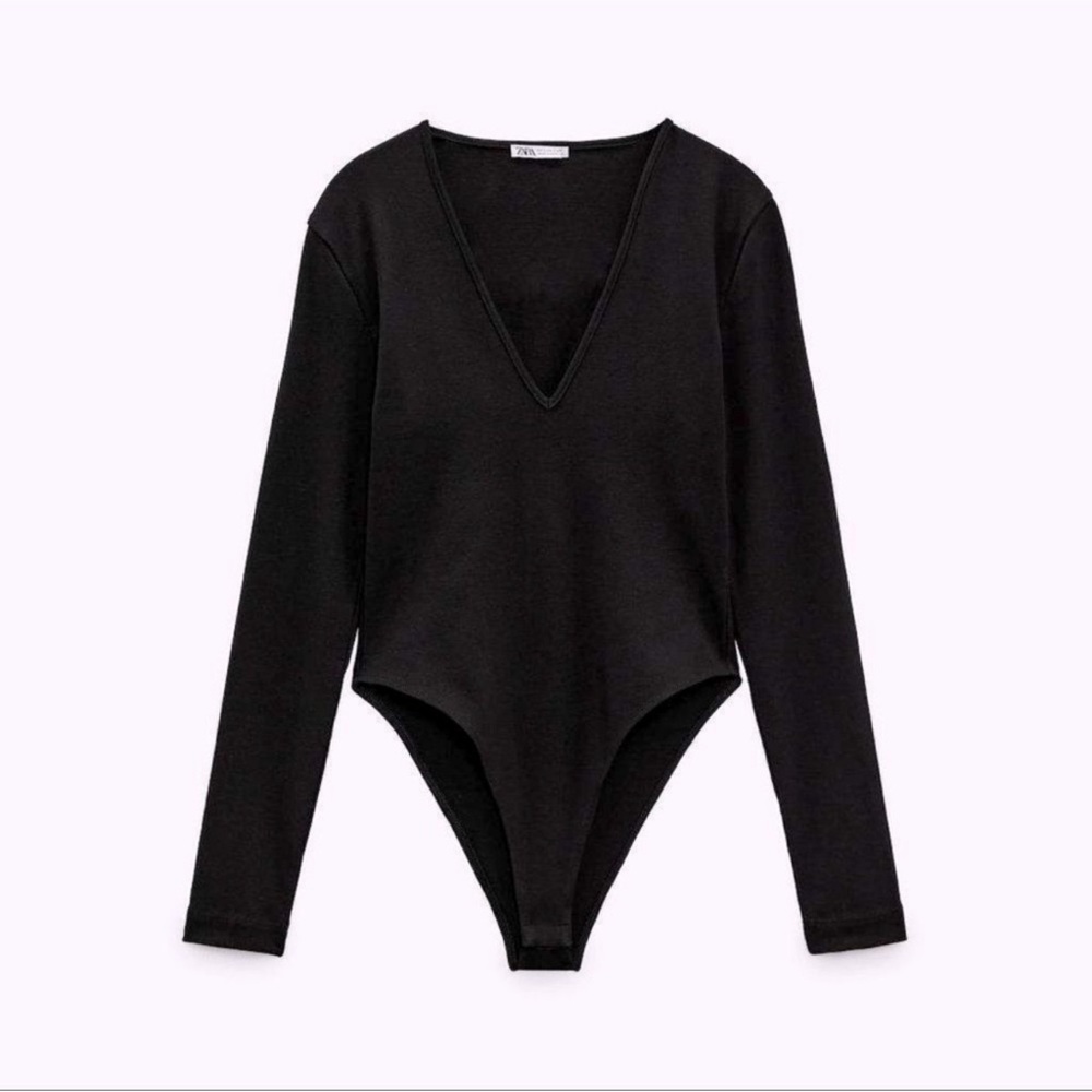 Zara Black Fitted Plunge Neckline Long Sleeve Bodysuit
